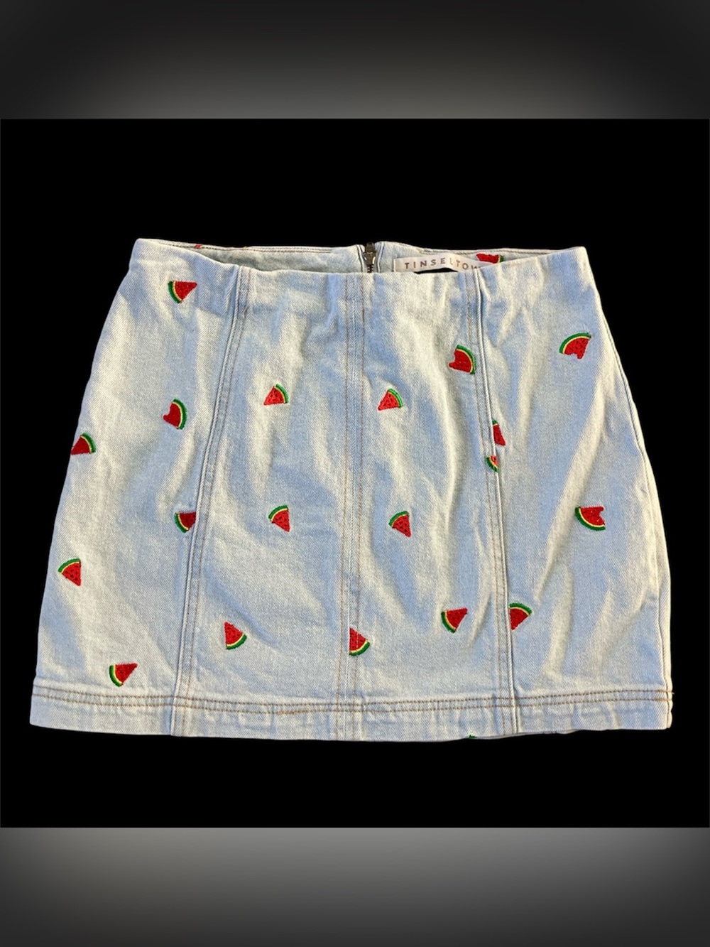 Tinseltown Light Wash Denim Mini Skirt with Watermelon Embroidery